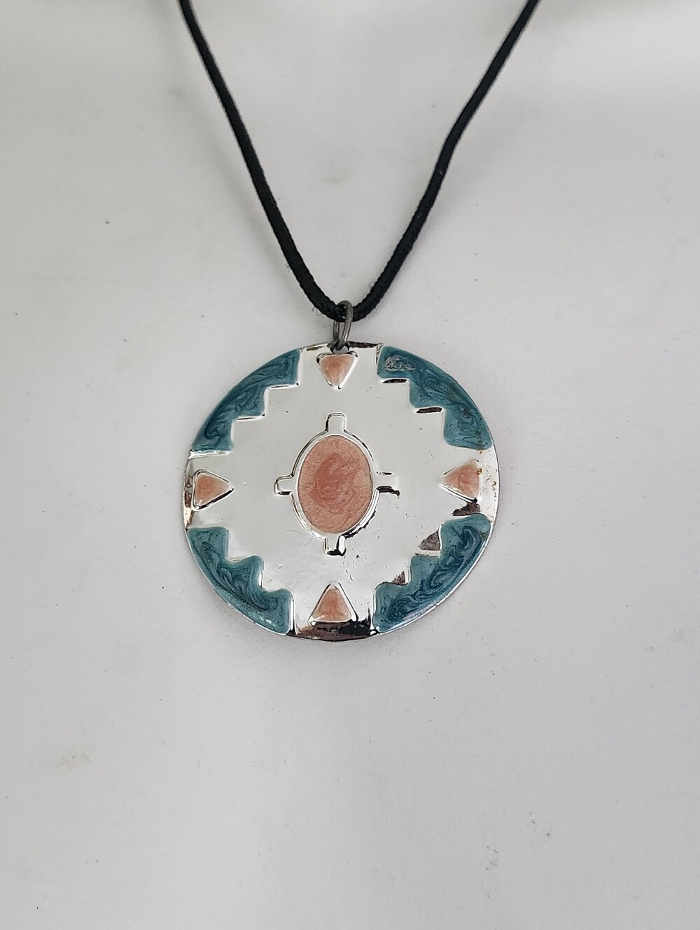 Boho Style Silver, Teal and Peach Round Pendant Necklace On Black Rope Cord